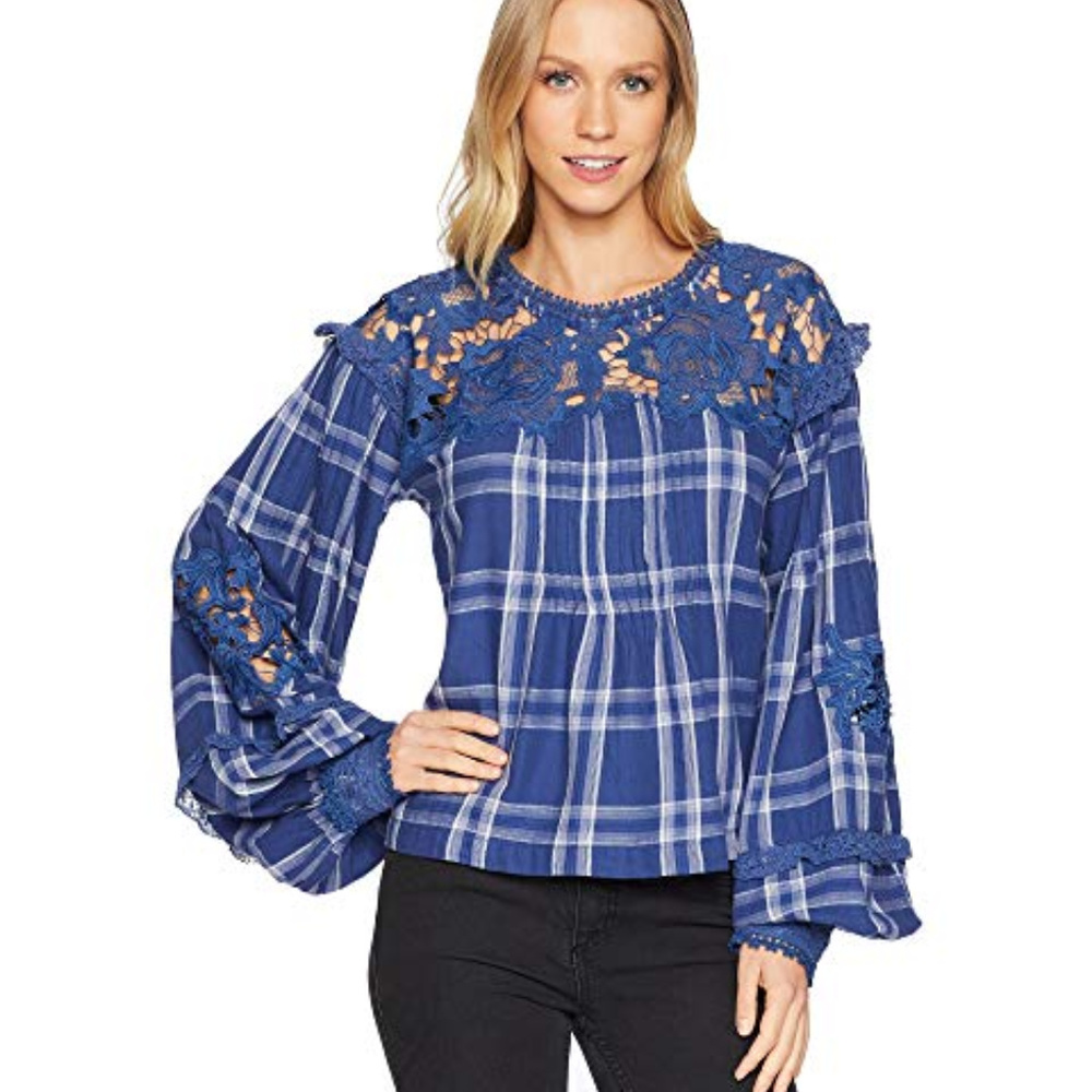 Free People NWT Darling Diana Plaid & Lace Top